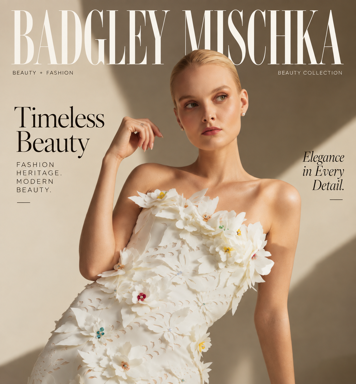 Badgley Mischka Beauty — model in white floral gown editorial