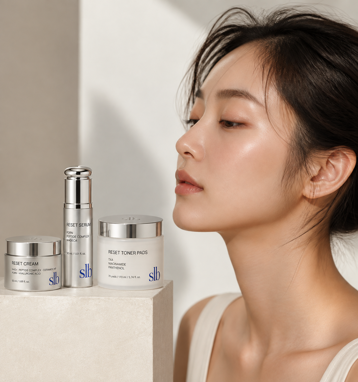 Seoul Light Beauty — SLB skincare products with model