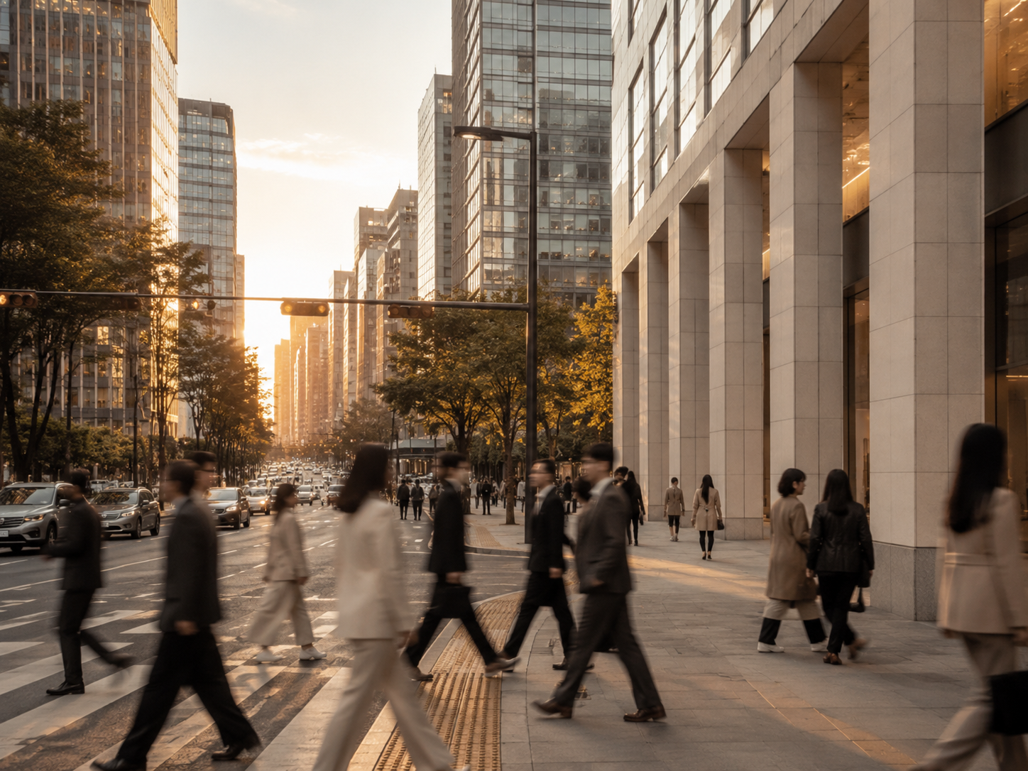 Golden-hour boulevard in Seoul with modern architecture