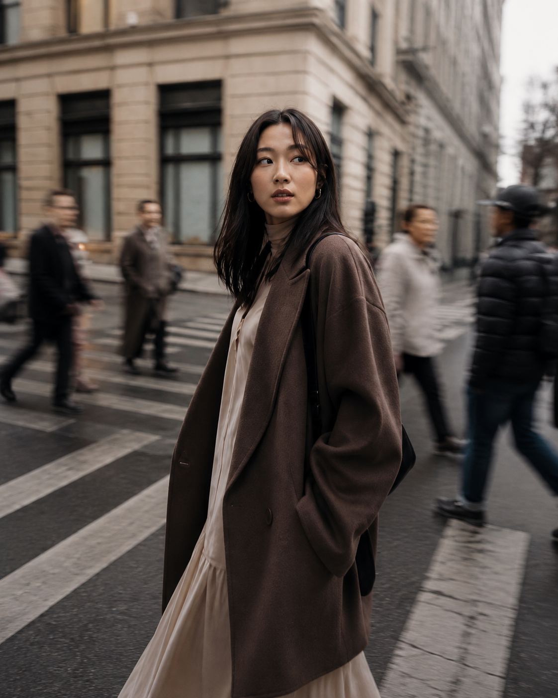 Asian woman in brown coat on a city street crossing