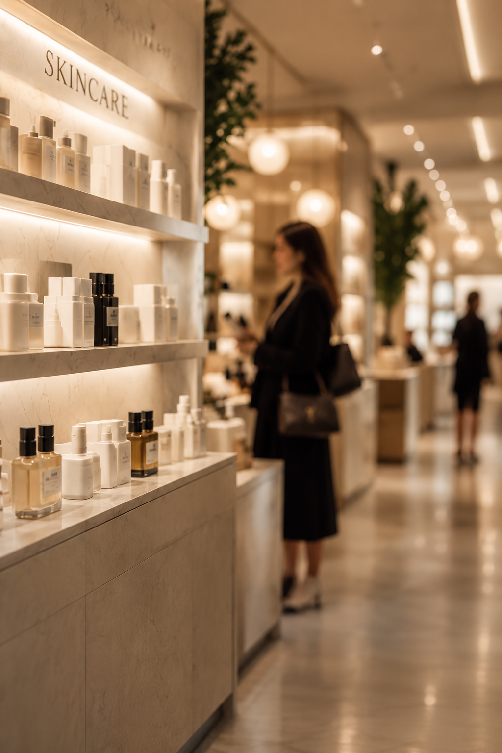 Luxury skincare retail boutique interior with illuminated shelving