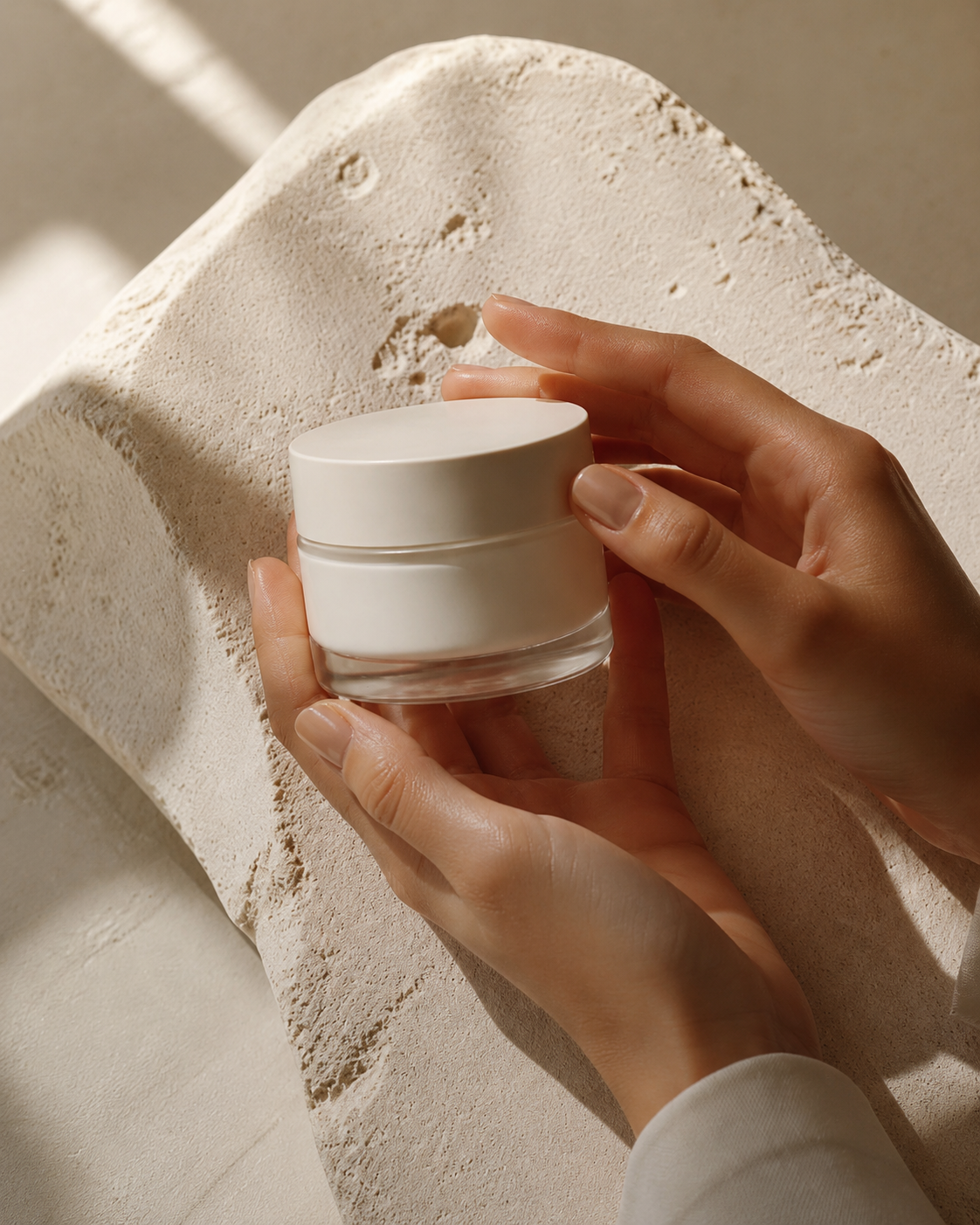 Hands holding a luxury skincare cream jar