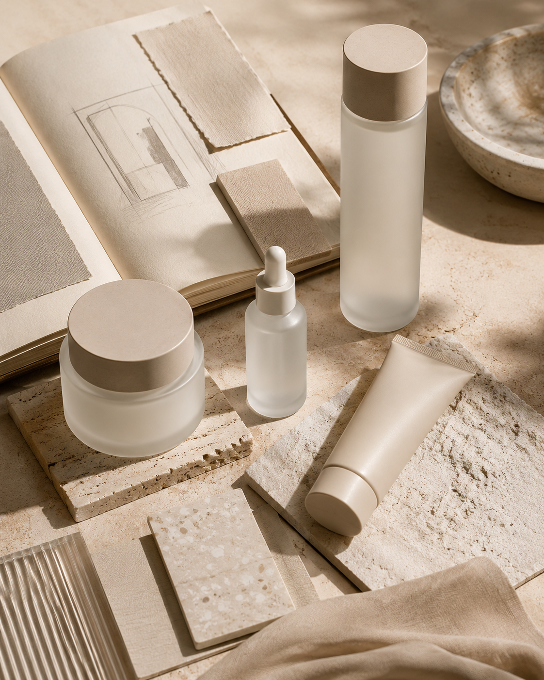 Luxury skincare products flatlay on warm travertine surface with design sketches
