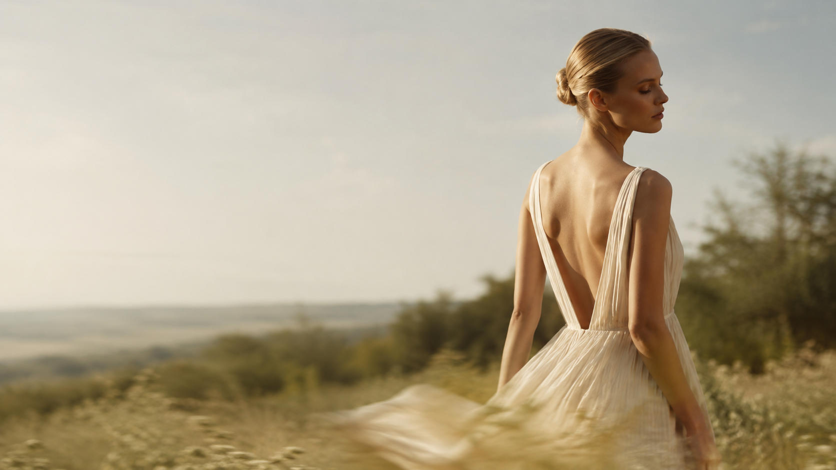 Woman in white dress in golden landscape — Why Skyline